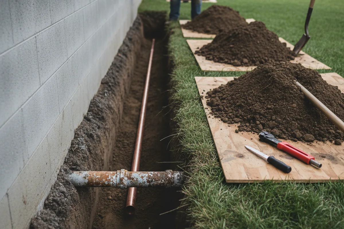 Excavated water line trench during Water Heater Repair in Harrisville